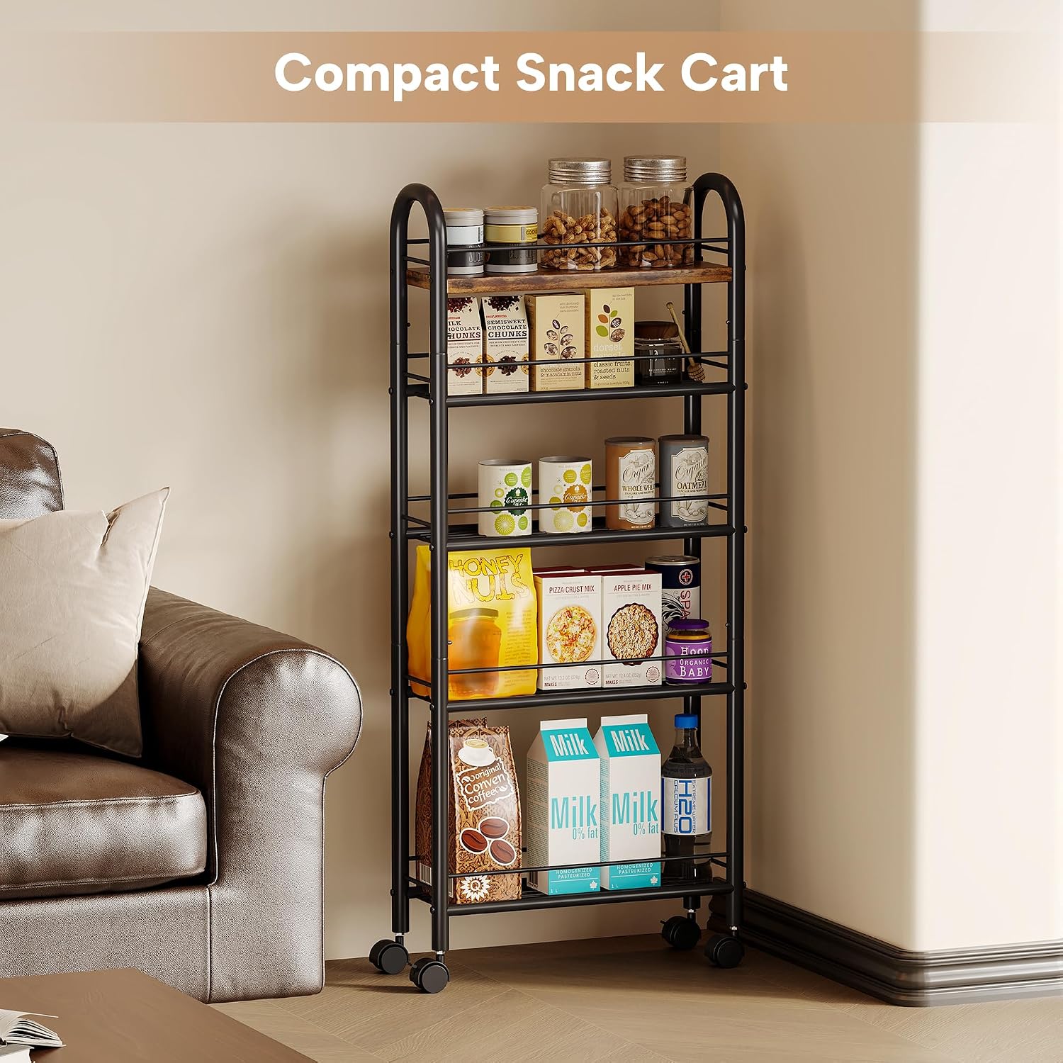 Slim Storage Cart, 5 Tier Narrow Utility Cart with Metal Frame and Wooden Top, Rolling Storage Organizer Shelving Unit for Kitchen, Dining Room, Living Room,Home Office, Vintage