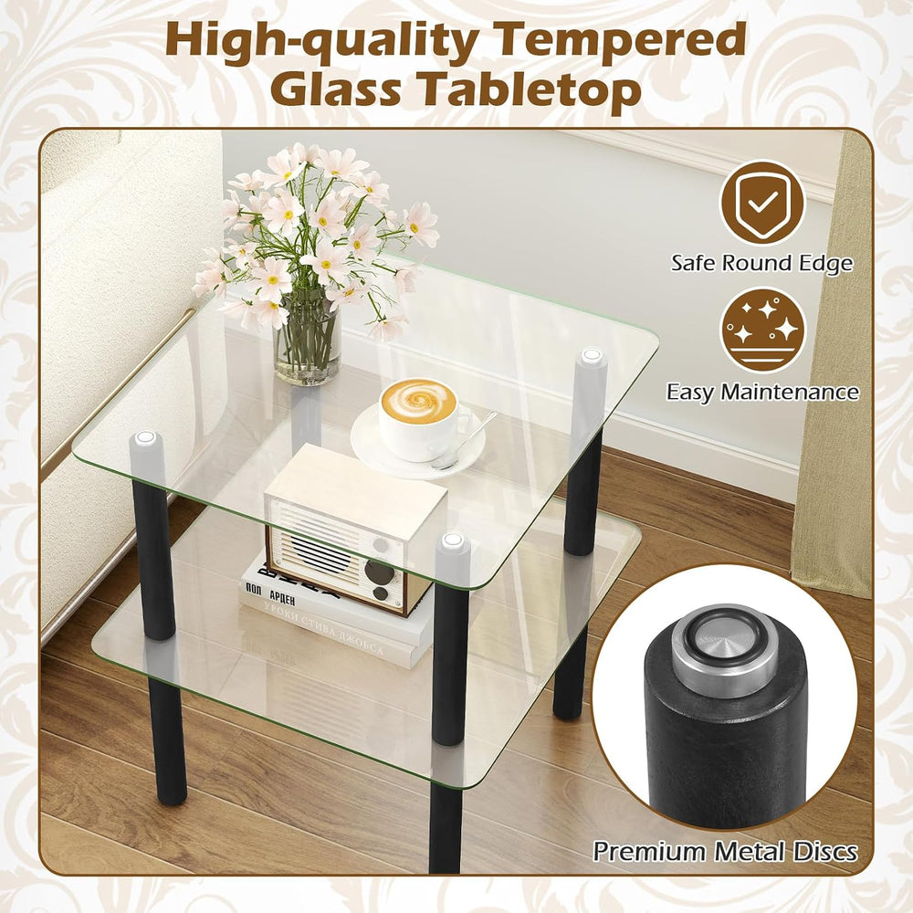 Giantex Square End Table, 2-Tier Sofa Side Table with Clear Tempered Glass To...