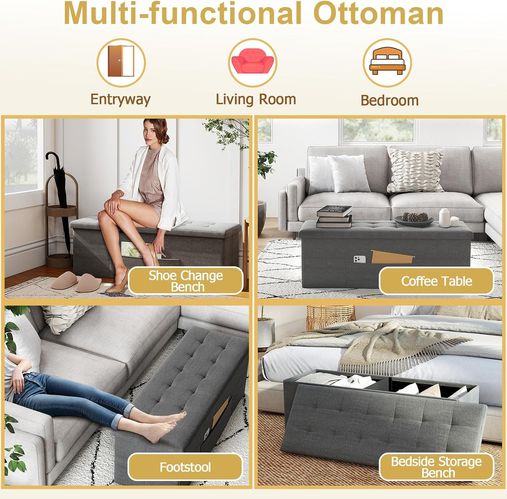 43" Folding Storage Ottoman Bench, End of Bed Foot Rest Stool with Remov...