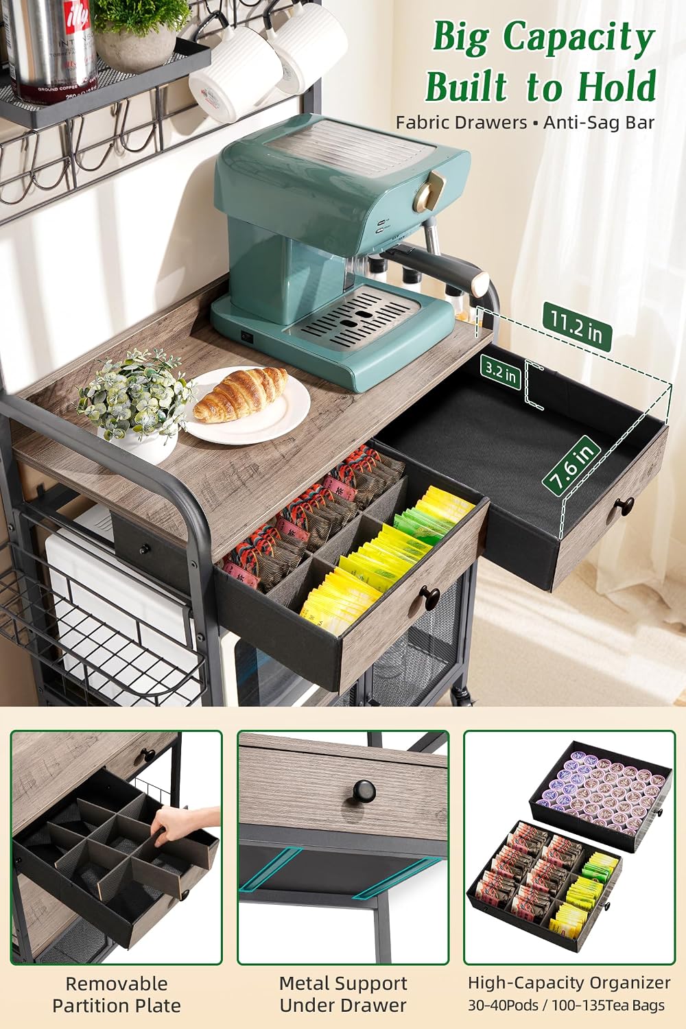 Coffee Bar Cabinet with Storage, Coffee Cart with Wheels, Coffee Station with...