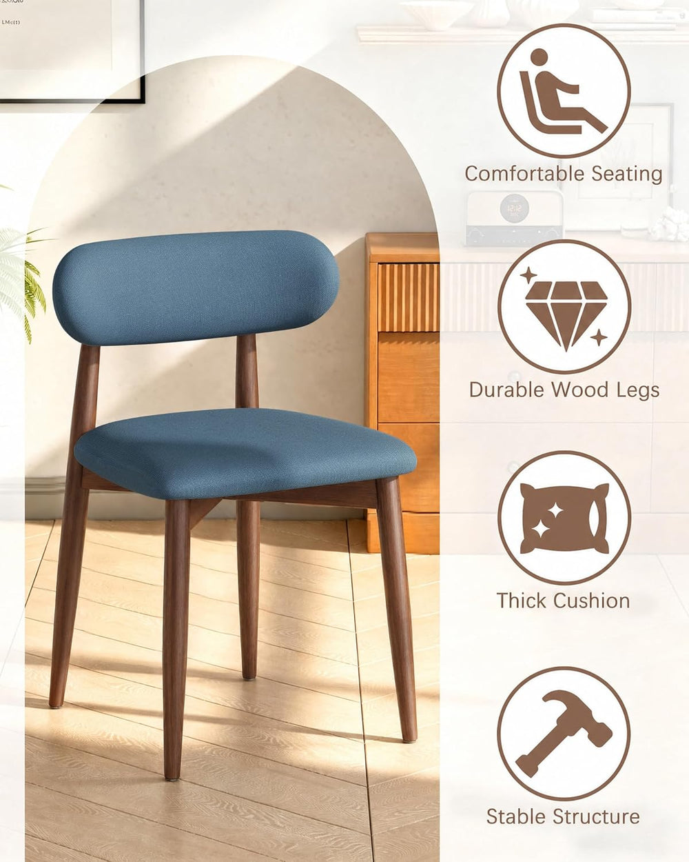 Wooden Dining Chairs Set of 4, Mid Century Modern Upholstered Kitchen Chairs ...