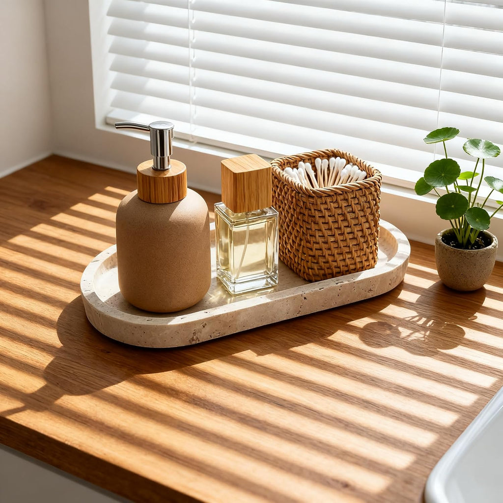 Oval Travertine Tray 4.8 in x 9.8 in for Bathroom Dresser Countertop Organizer, Natural Marble Vanity Tray for Perfume, Candles, Ring, Decorative Jewelry Dish