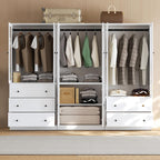VOWNER 20“D Armoire Wardrobe Closet with Fluted Glass, 71" H Clothing Storage Cabinet with Hanging Rod, 4 Soft-Close Doors Wooden Wardrobe Cabinet for Bedroom, Large Capacity Storage White(CC)