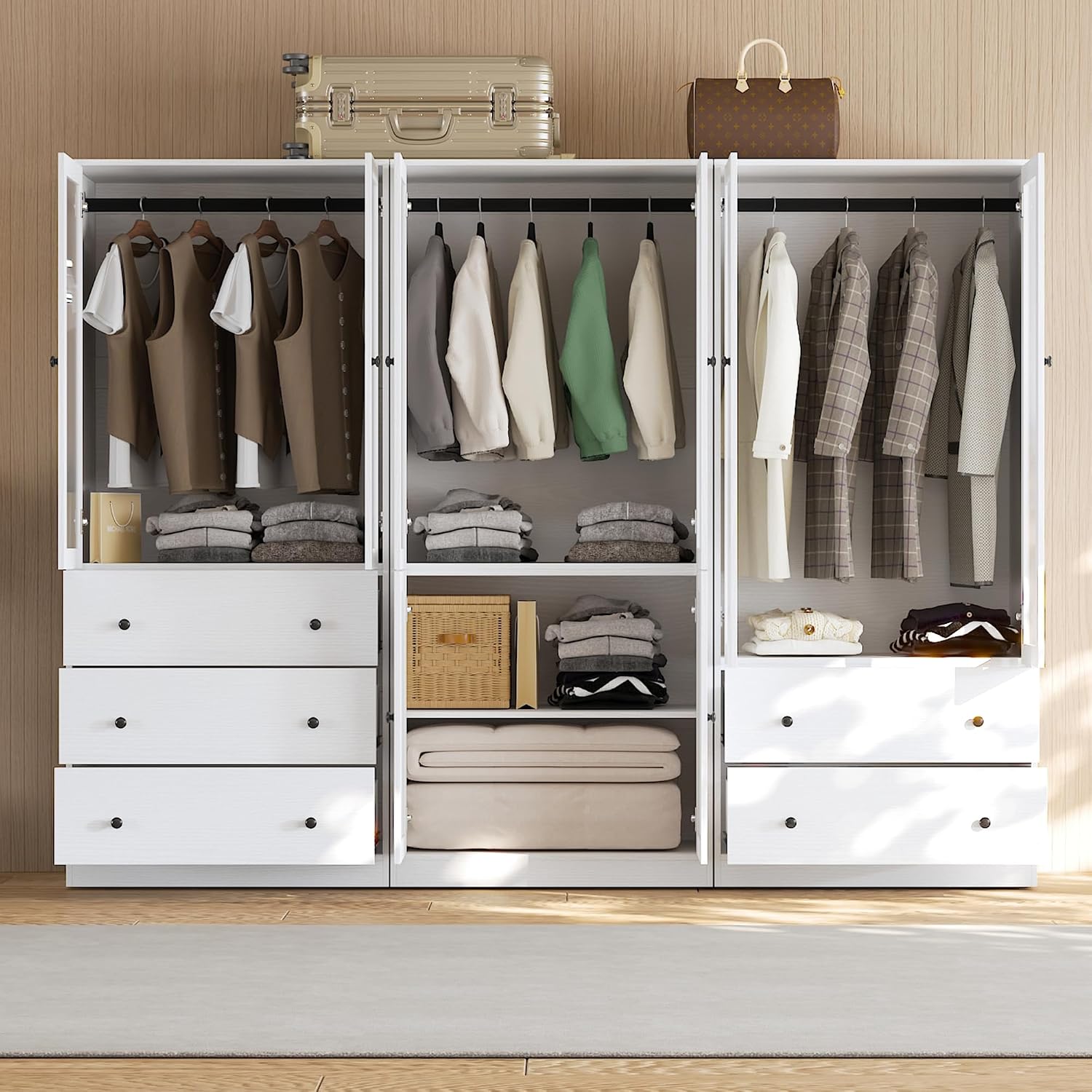 VOWNER 20“D Armoire Wardrobe Closet with Fluted Glass, 71" H Clothing Storage Cabinet with Hanging Rod, 4 Soft-Close Doors Wooden Wardrobe Cabinet for Bedroom, Large Capacity Storage White(CC)