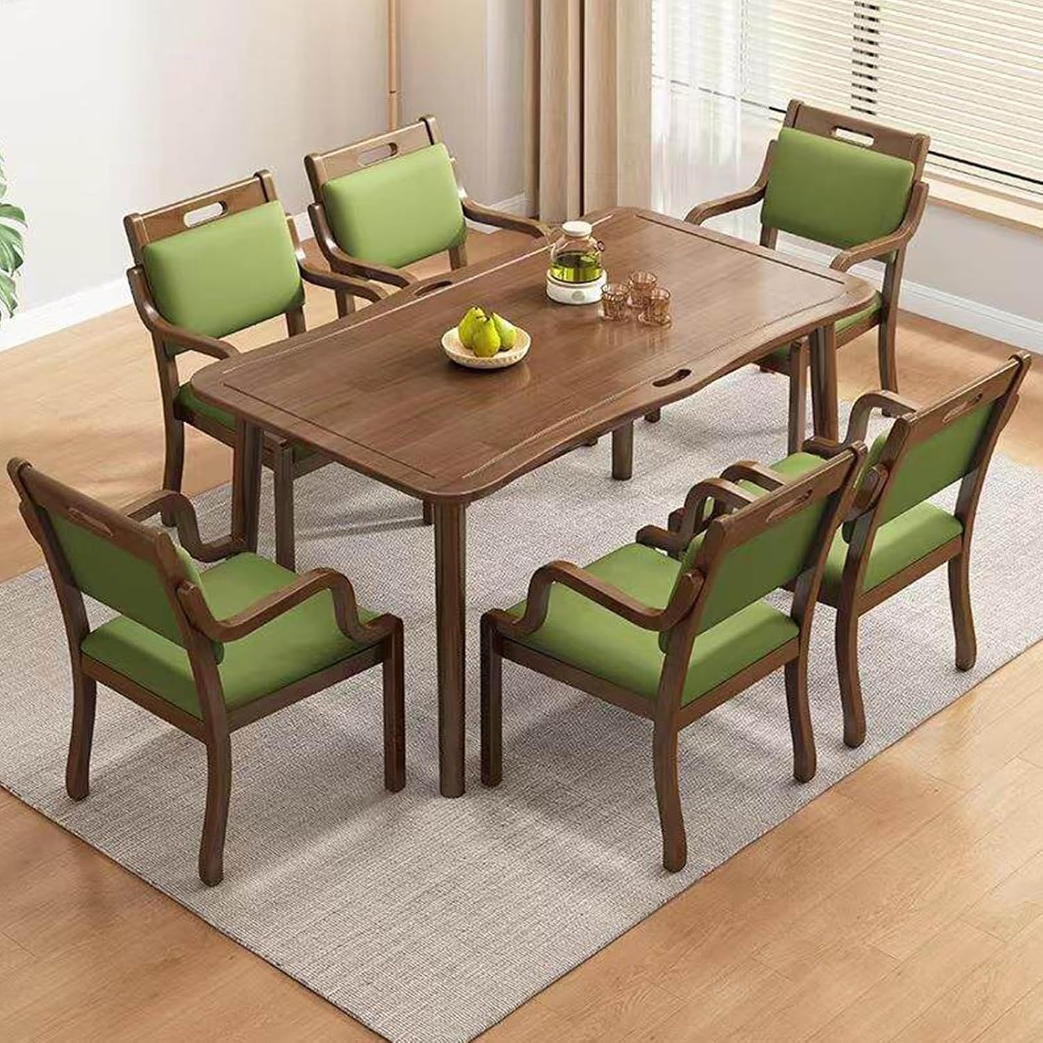 Wood Dining Table Set for 4, Rectangular Kitchen Dinner Table with Drain Groove Armrest,Ergonomic Upholstered Dining Chairs, Seniors Wooden Dining Room Furniture(1 Table + 6 Chairs, Walnut)