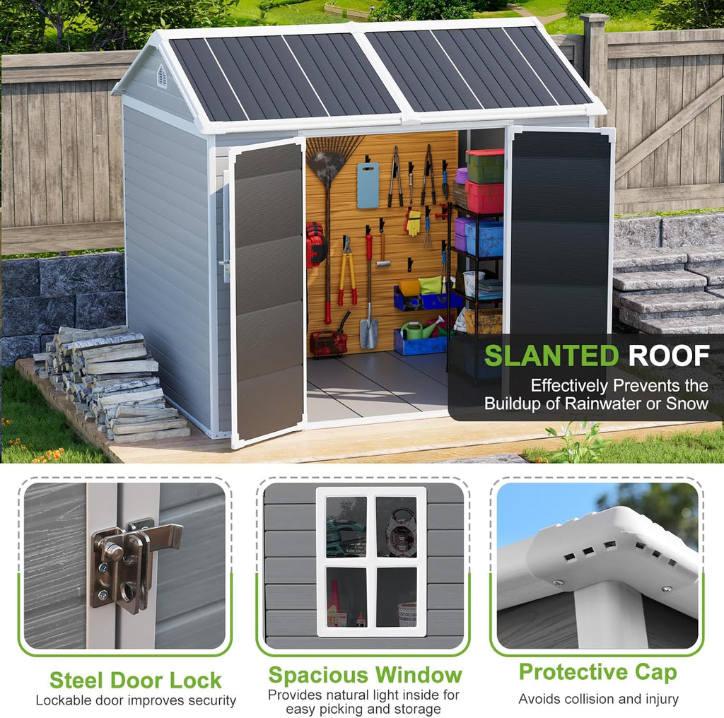 8x6 Shed Plastic Outdoor Storage with Floor Included, Waterproof Lockable Garden Shed Resin Tool Shed Cabinet
