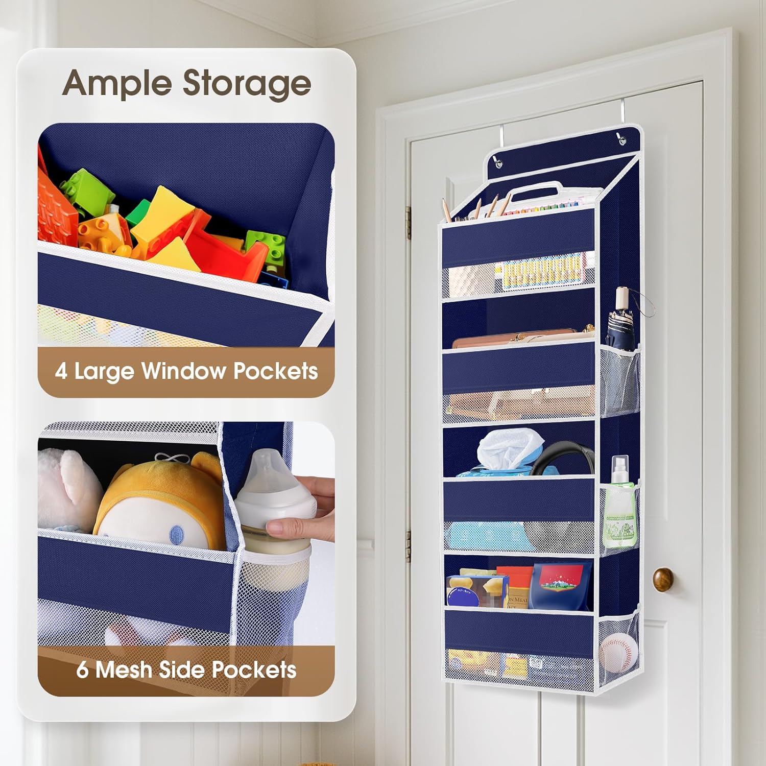 1 Pack Over The Door Organizer, Hanging Storage Organizer with Clear Window, 40lb Ultra Sturdy Large Capacity Room Organizer for Pantry Laundry Bathroom Nursery Closet (Blue)