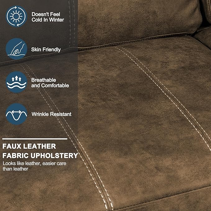 80 Inch Brown Faux Leather Sofa Couch (2 Sets) - Wide Armrests with 2 Pillows, Deep Seats, Contrast Stitching, 3 Seater Leather Couches for Living Room, Bedroom, Apartment