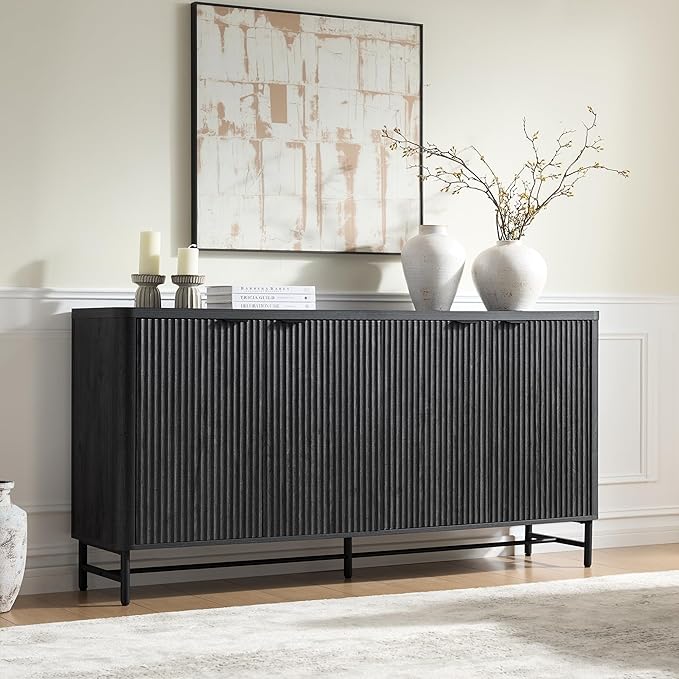 65" Buffet Cabinet with Storage, Fluted Credenza Sideboard with 4 Doors & Adjustable Shelves, Large Coffee Bar Console Table for Dining Room, Living Room, Entryway, Black Grey