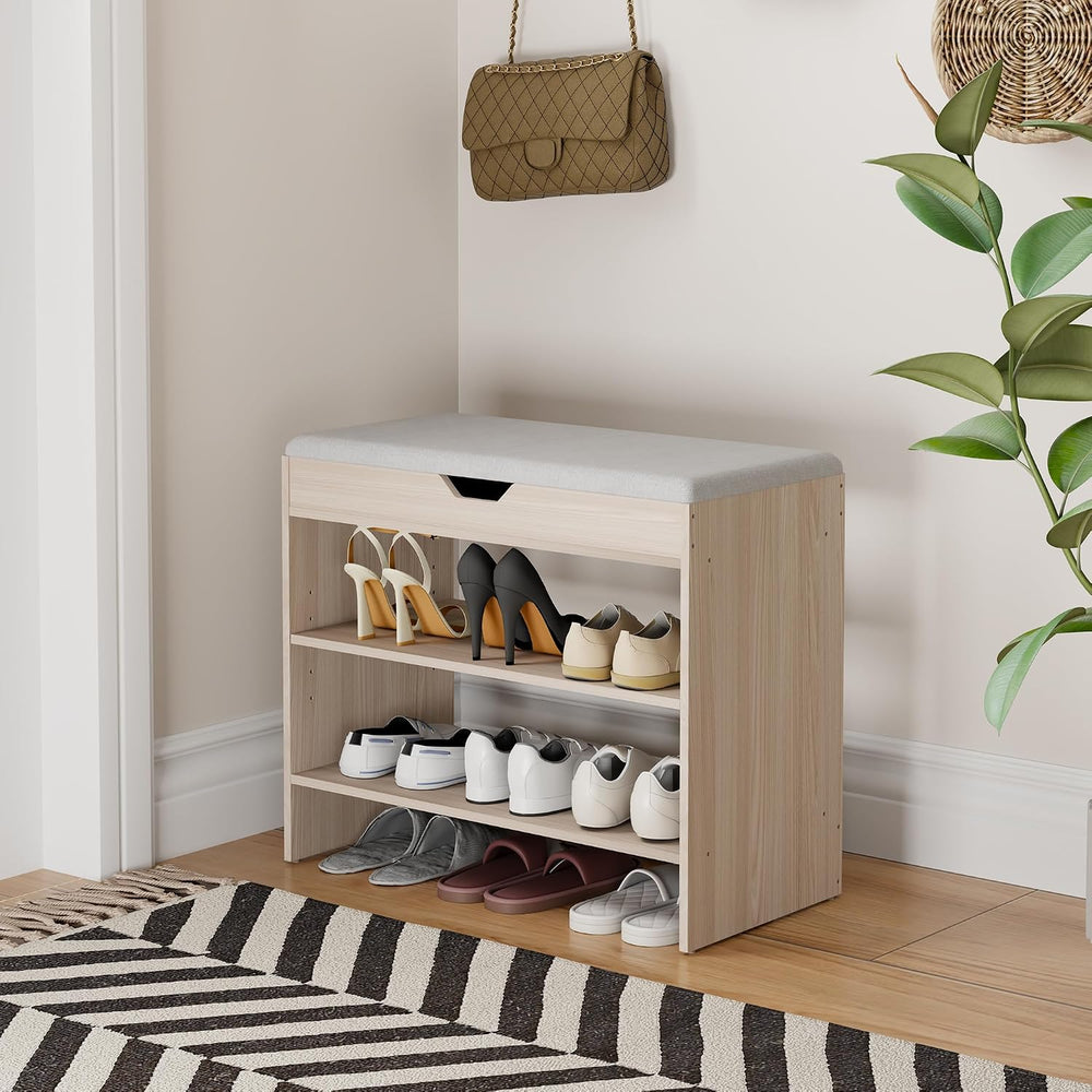 Shoe Bench with Cushion, 2 Tiers Shoe Bench with Flip-Top Storage, 23.6"...