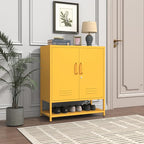 Metal Shoe Storage Cabinet with Lock, 2-Door Multifunctional Shoe Organizer with Adjustable Shelf & Bottom Shoe Rack, Freestanding Entryway Furniture, Yellow 33" H X 29.5" W X 13.8" D
