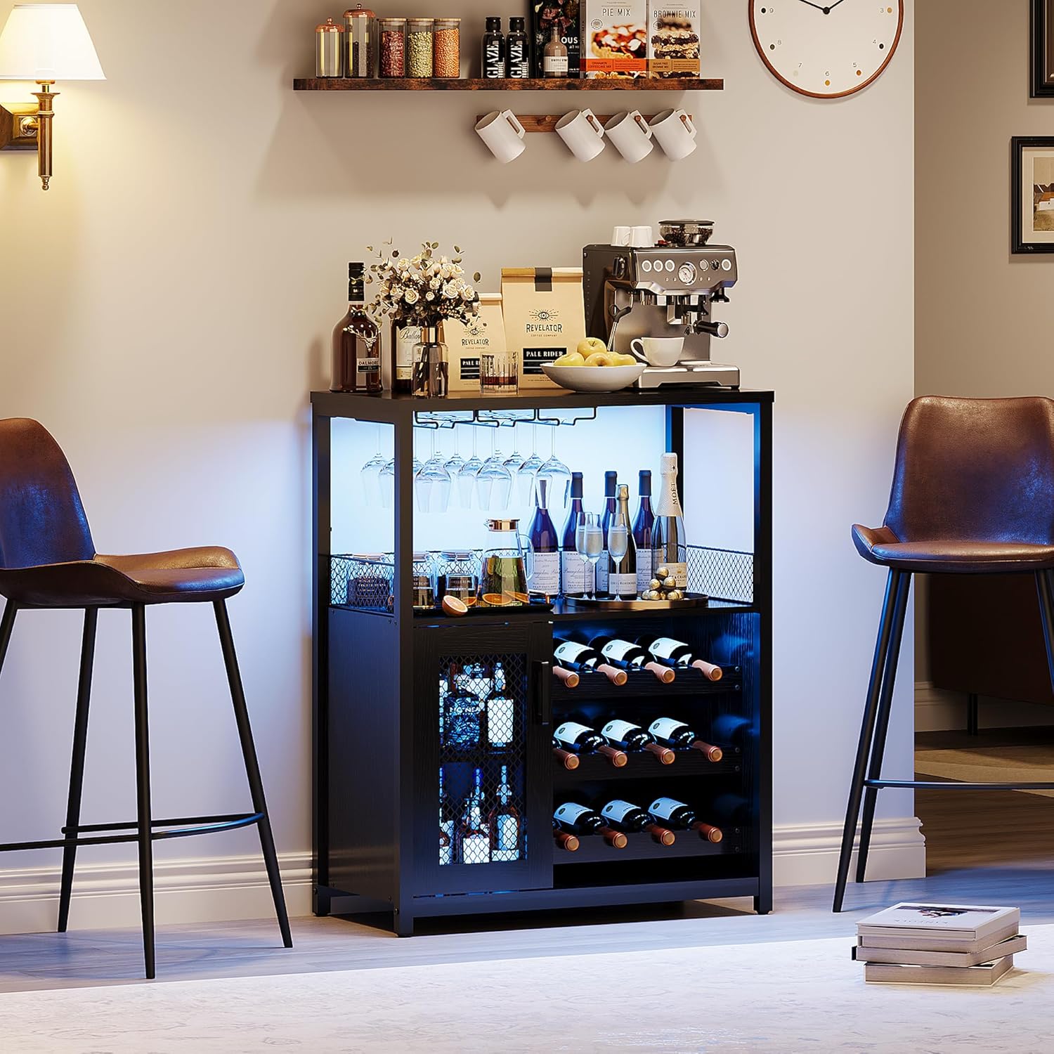 GarveeHome Wine Bar Cabinet with LED Lights, Liquor Cabinet with Storage | 3-Tier Coffee Bar Cabinet with Wine Rack, Glass Holder & Mesh Door, Sideboard Buffet Bar for Living Room, Dining Room, Black