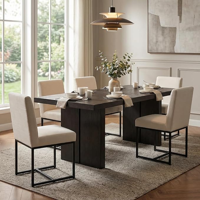 CIMOTA Modern Linen Dining Chair Set of 4, Mid Century Dining Room Chairs Fabric Upholstered Armless Side Chair with Black Sled Base for Dining Room, White Cream 4PCS