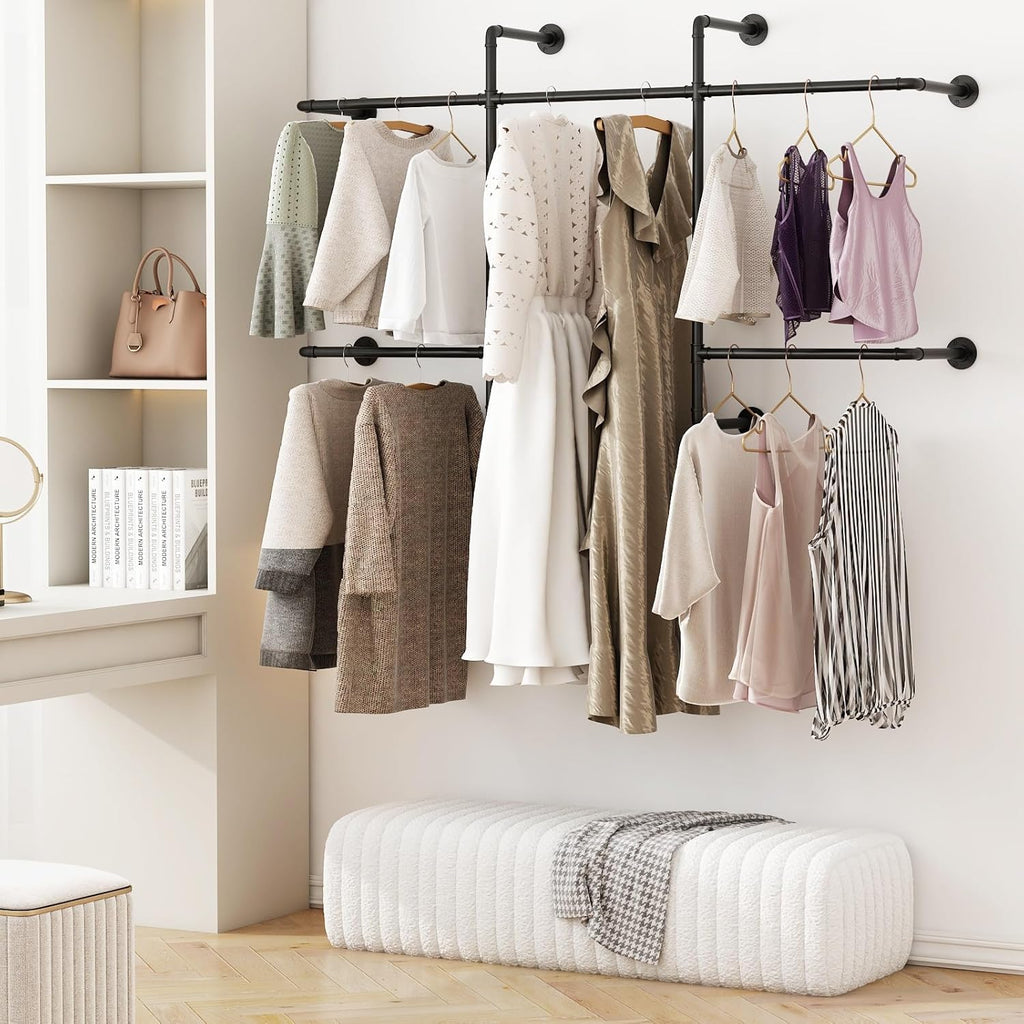 Industrial Pipe Clothing Racks with 5 Hanging Rods, Industrial Clothes Racks Wall Mounted, Heavy Duty Black Pipe Clothing Rack, Metal Closet Rods for Hanging Clothes