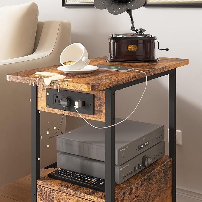 LIDYUK End Table with Charging Station, Narrow Side Table with Drawer and USB...