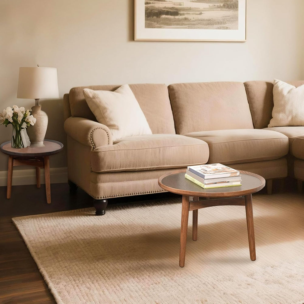 CONSDAN 24 Round Coffee Table, Solid Oak Frame & Veneer Top, USA Grown Ha...