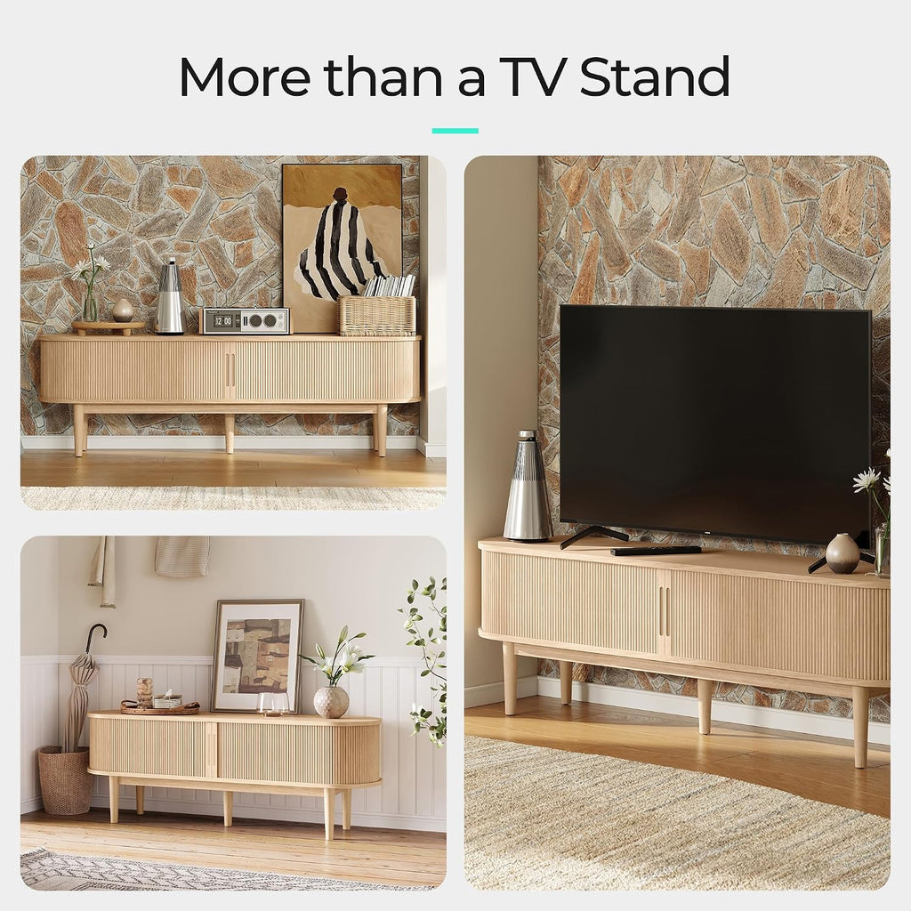 LINSY HOME 70" Fluted TV Stand for TVs up to 80 Inch, Mid Century Modern Entertainment Center with Storage Cabinet and Sliding Doors, Farmhouse Wood Media TV Console for Living Room, Bedroom, Oak