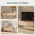 LINSY HOME 70" Fluted TV Stand for TVs up to 80 Inch, Mid Century Modern Entertainment Center with Storage Cabinet and Sliding Doors, Farmhouse Wood Media TV Console for Living Room, Bedroom, Oak