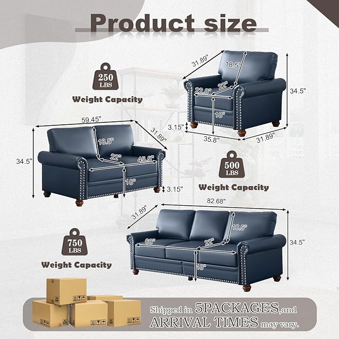 3 Piece Faux Leather Sofa Set,Mid Century Modern Couch and Loveseat Sets with Storage,Comfy Deep Seat Sofa with Nailhead Trim & Rolled Arm for Living Room,Office(Armchair+Loveseat+3 Seater,Navy)