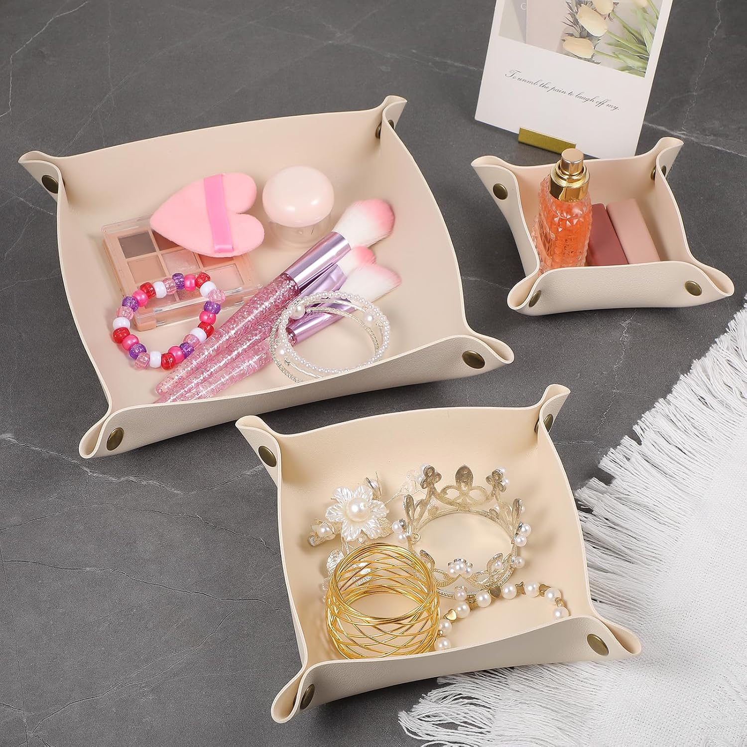 12pcs Leather Jewelry Tray for Keys and Wallet, Folding PU Leather Tray Organizer for Travel, Home or Office, Set in 3 Sizes and 4 Colors- Beige/Yellow/Brown/Black
