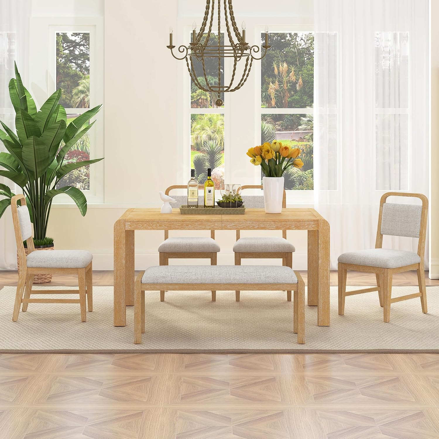 LUMISOL 6-Piece Solid Wood Dining Table Set, Extendable Kitchen Table Set for 4-6 with 4 Upholstered Chairs and 1 Bench for Kitchen, Dining Room, Living Room, Natural