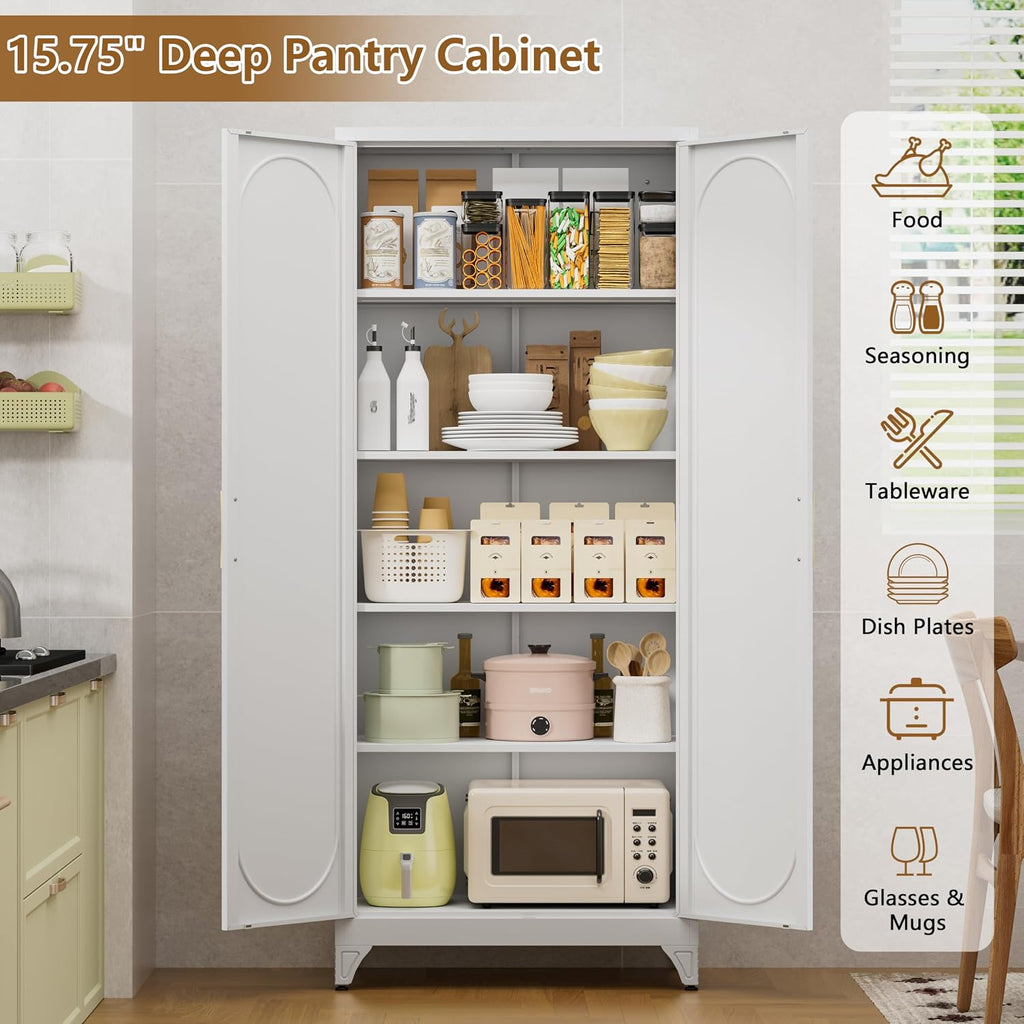 Polup 75" Tall Metal Kitchen Pantry Storage Cabinet with Doors and Shelves | White Freestanding Cupboard, 5-Tier Heavy Duty, 4 Adjustable Shelving, Gold Handles, for Garage, Dining Living Room, Office