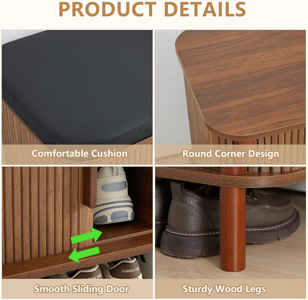 Shoe Bench, Entryway Shoe Cabinet with Leather Cushion and Sliding Door, Mode...
