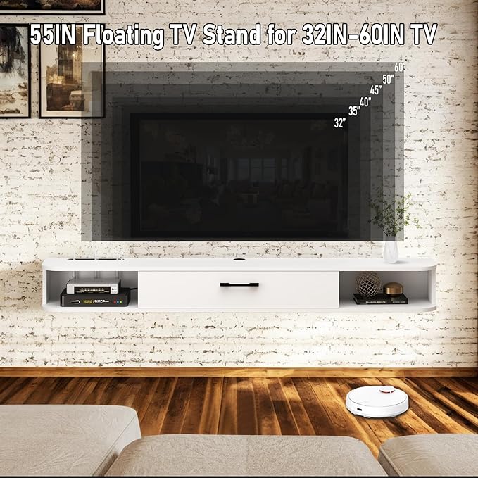 Floating TV Unit, 55'' Wall Mounted TV Cabinet, Floating Shelves with Door, Modern Entertainment Media Console Center Large Storage TV Bench for Living Room & Office (55.12IN, White)