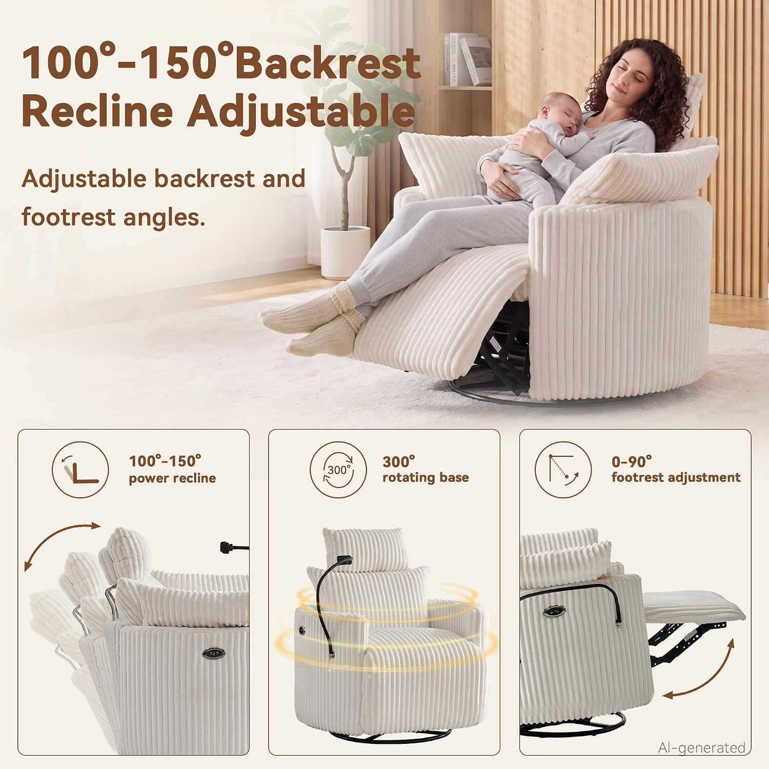 FOXHUNTER Power Nursery Rocking Chairs 300°Swivel Corduroy, White | 30° Rocking Mode, Glider Rocking Recliner With USB Port, Phone Holder,2 Cushions, Adjustable Headrest,for Living Room