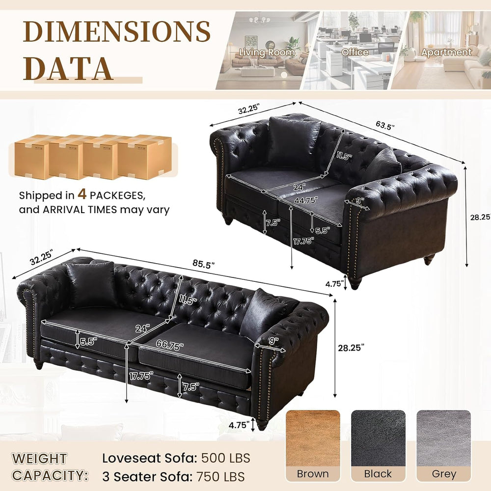 2 Piece Living Room Sofa Set,High-Tech Fabric Button Tufted Couch and Lovesea...