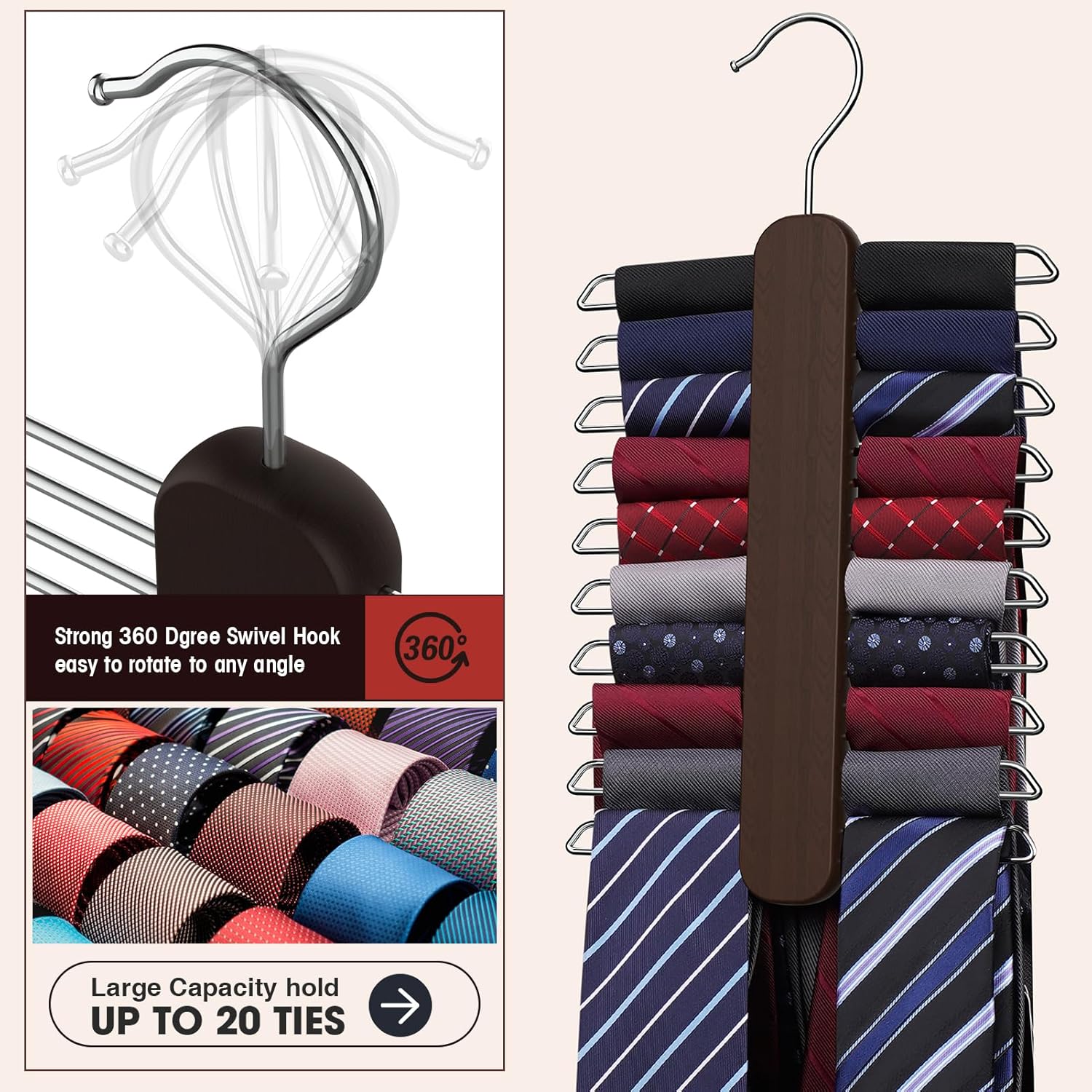 Tie Hanger,Tie Organizer for Closet 20 Storage Capacity,Wooden Necktie Organizer Tie Holder,360 Degree Rotating Accessory Organizers for Tie,Belt,Scarf