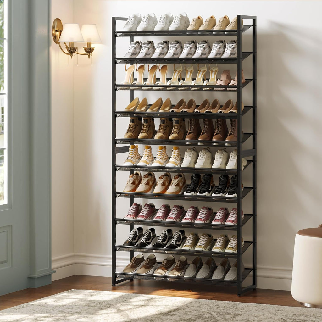Nunsino Shoe Rack,10 Tier Metal Shoe Organizer,Max Holds 50 Pairs,Heavy Duty Shoes Shelf for Garage, Entryway, Closet,Black