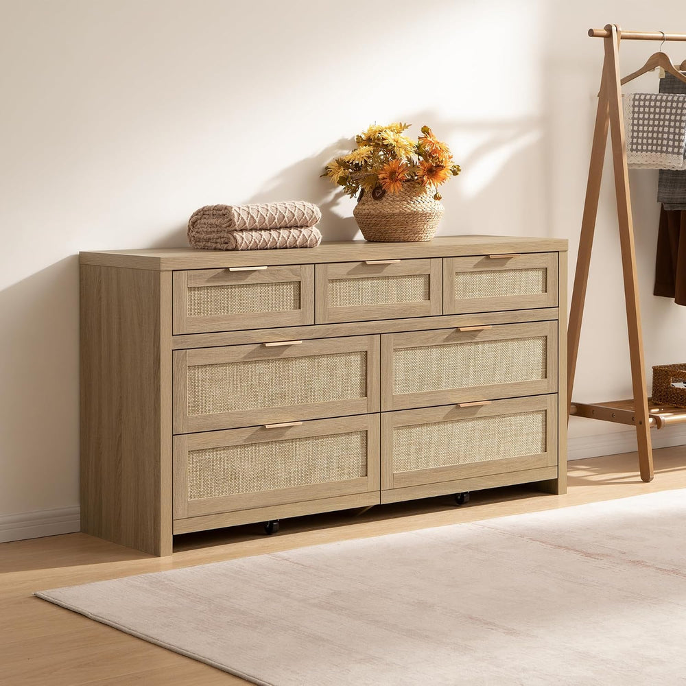 SICOTAS 7 Drawer Dressers for Bedroom Set 2, Long Rattan Dresser, Dresser TV ...