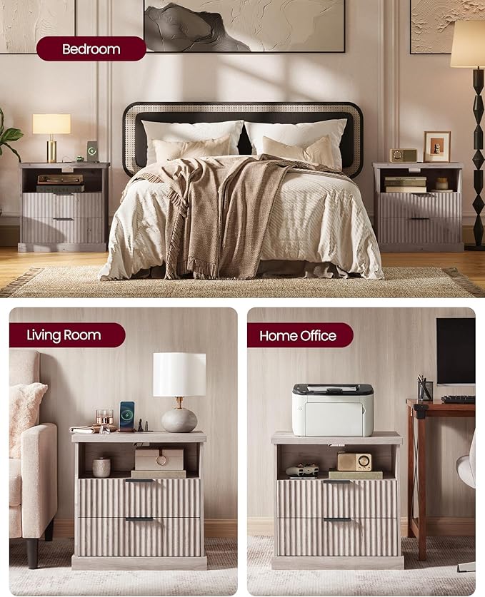 VASAGLE MAXE Collection - Nightstand with Charging Station, Bedside Table, Si...