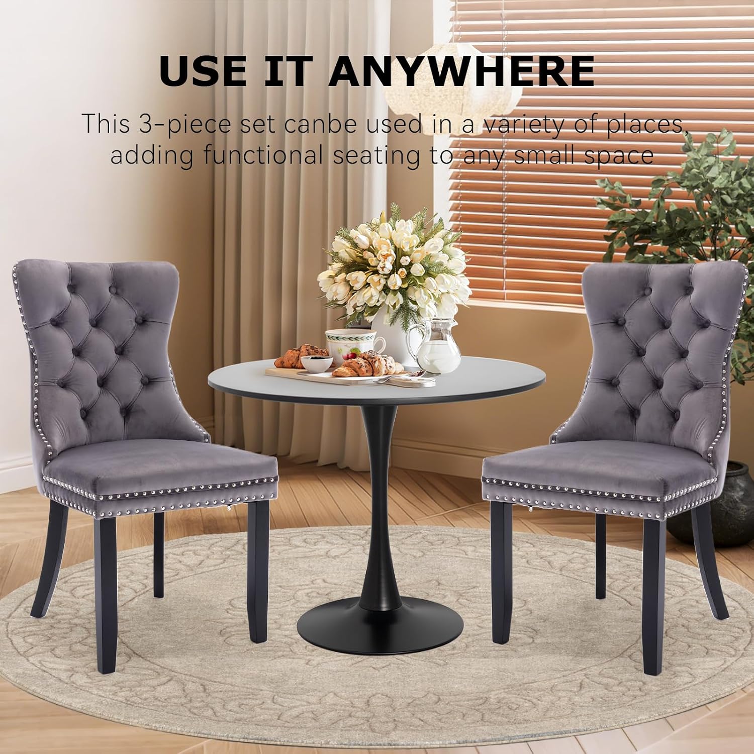 3-Pieces Dining Sets, 31.5" Round Dining Table Set with 2 Velvet Upholstered Dining Chairs,Wooden Legs Design for Kitchen Dining Room Apartment Small Space(1 Black Table with 2 Grey Chairs)