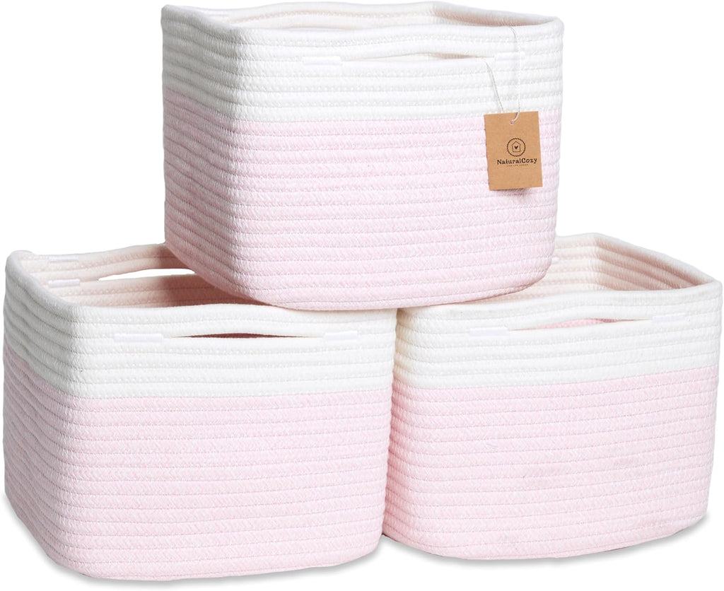 NaturalCozy Storage Cubes 9”x9”x7”Cotton Rope Woven Baskets for Organizing 3-Pack | 9 Inch Cube Storage Bin | Small Basket for Shelf Nursery, Pantry, Decorative Plant, Bathroom Closet, Toy Gift