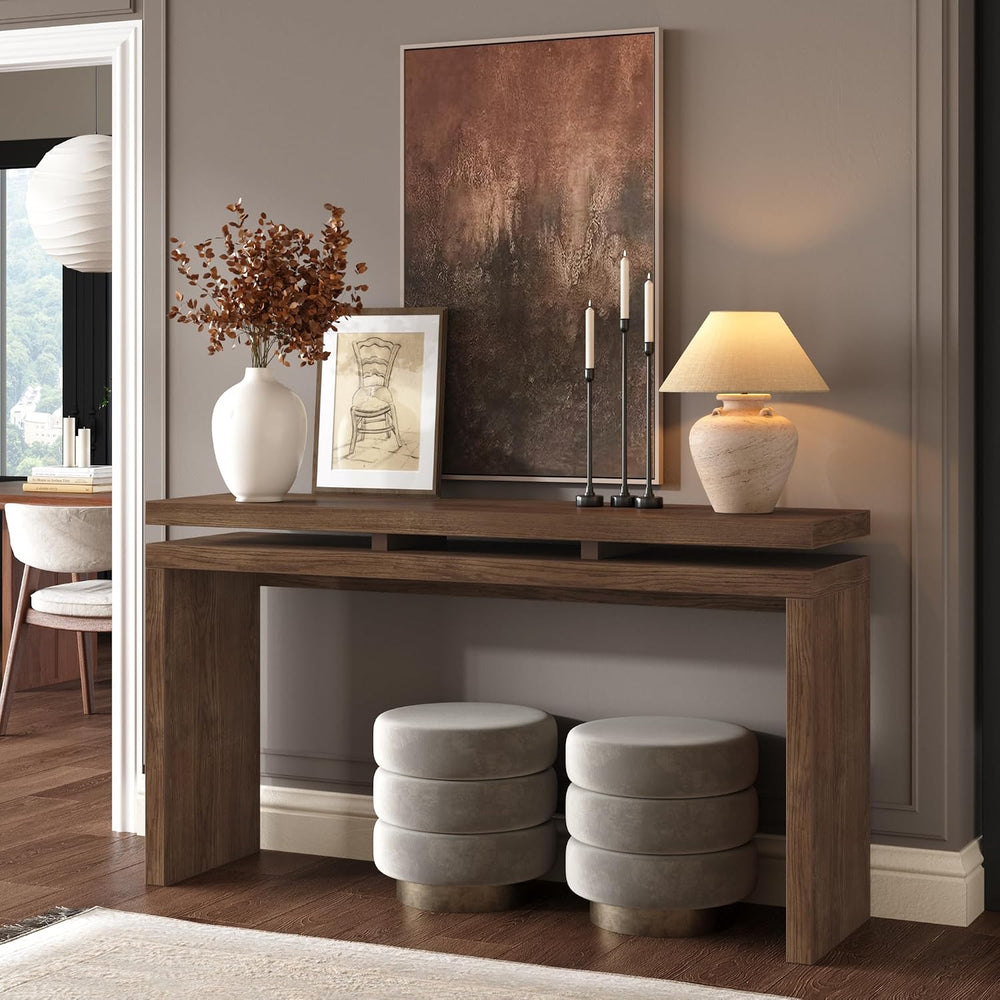 60" Antique Natural Farmhouse Console Table with Double Board Suspension...