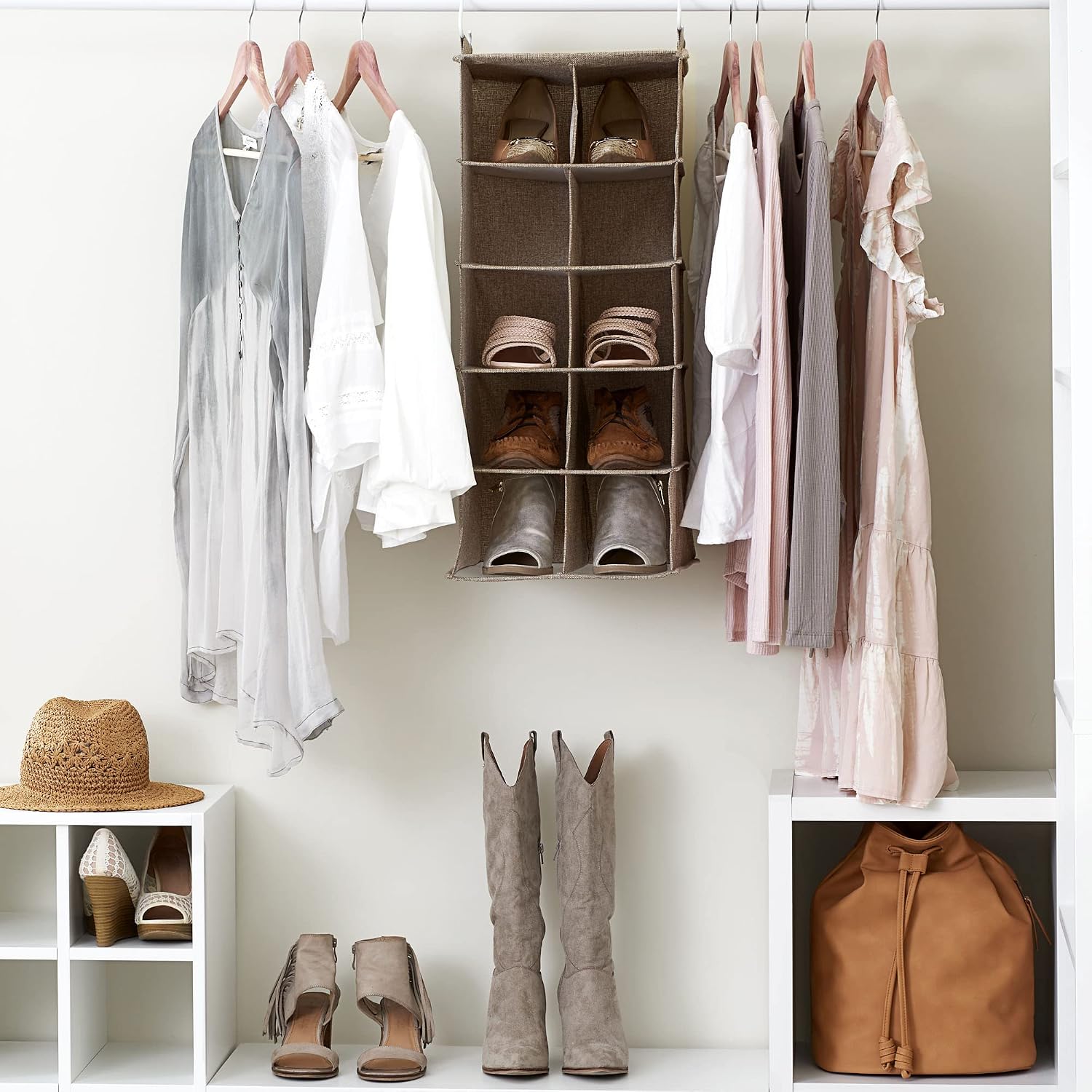 Household Essentials 10‑Pocket Hanging Shoe Organizer with Side‑by‑Side Canvas Storage and 2 Hooks for Support, Beige