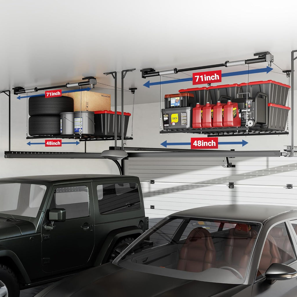 FLEXIMOUNTS GL1 Overhead Garage Lifting Storage Rack, 4x4 Ft Heavy-Duty Metal Garage Ceiling Rack, Adjustable Organization System With 71''L Axle, 350lbs Weight, Black