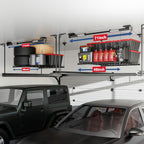FLEXIMOUNTS Garage Lifting Metal Rack, 4x4 Ft Overhead Garage Storage Racks, Adjustable Heavy-Duty Ceiling Organization System, 350lbs Weight, Satin Black