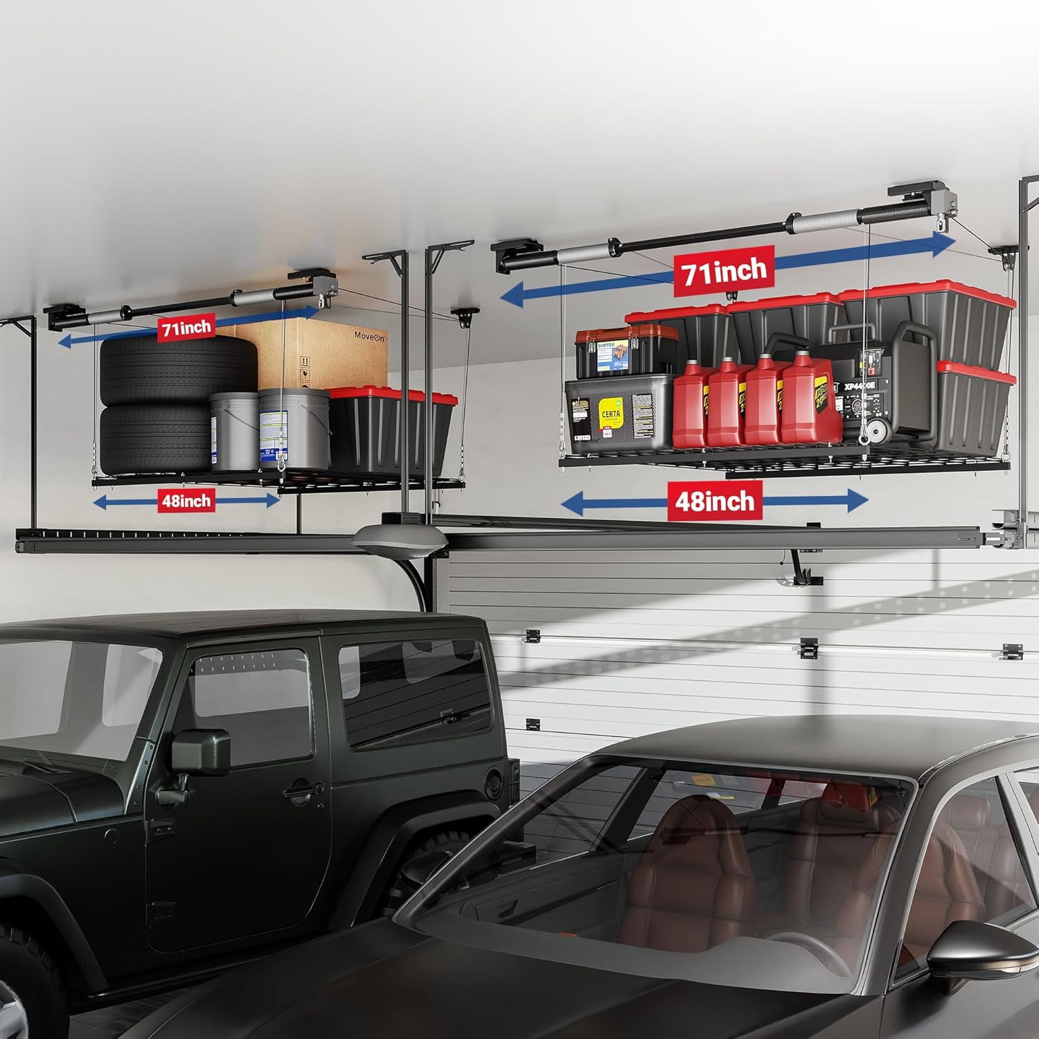FLEXIMOUNTS Garage Lifting Metal Rack, 4x4 Ft Overhead Garage Storage Racks, Adjustable Heavy-Duty Ceiling Organization System, 350lbs Weight, Satin Black