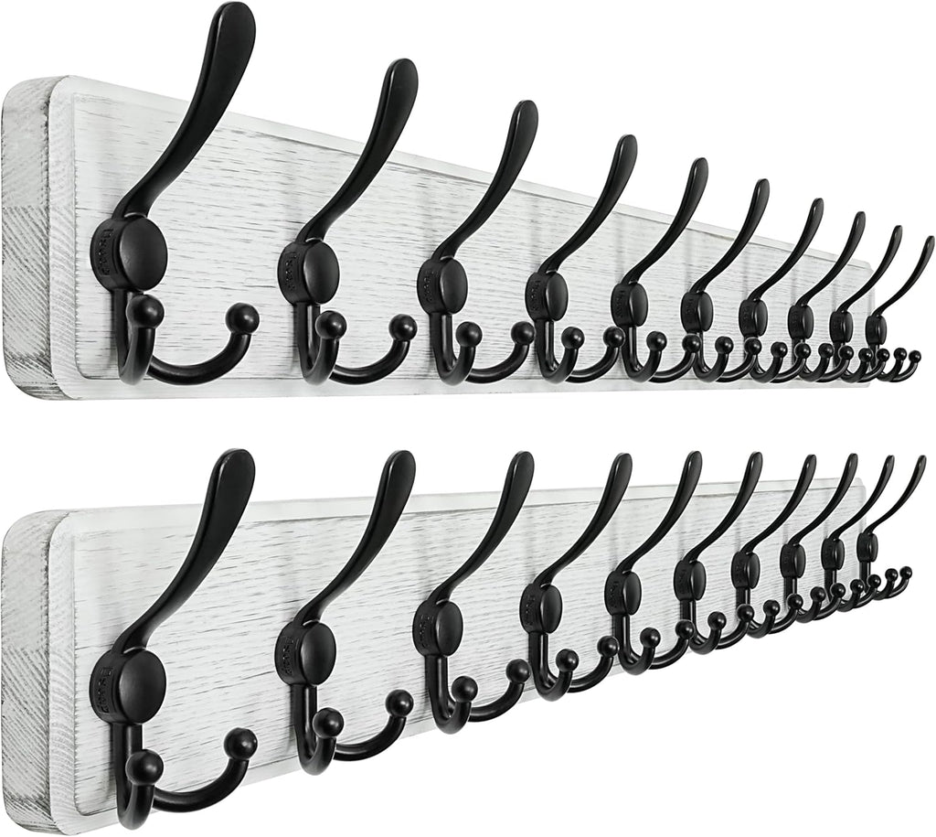 Dseap Coat Rack Wall - Heavy-Duty 38-1/4" Long, with Reinforced 10 Custom Tri-Hooks, Solid Wood Wall Hanger for Coats Hat Jackets - Rustic Farmhouse Entryway Storage, White & Black, Pack of 2