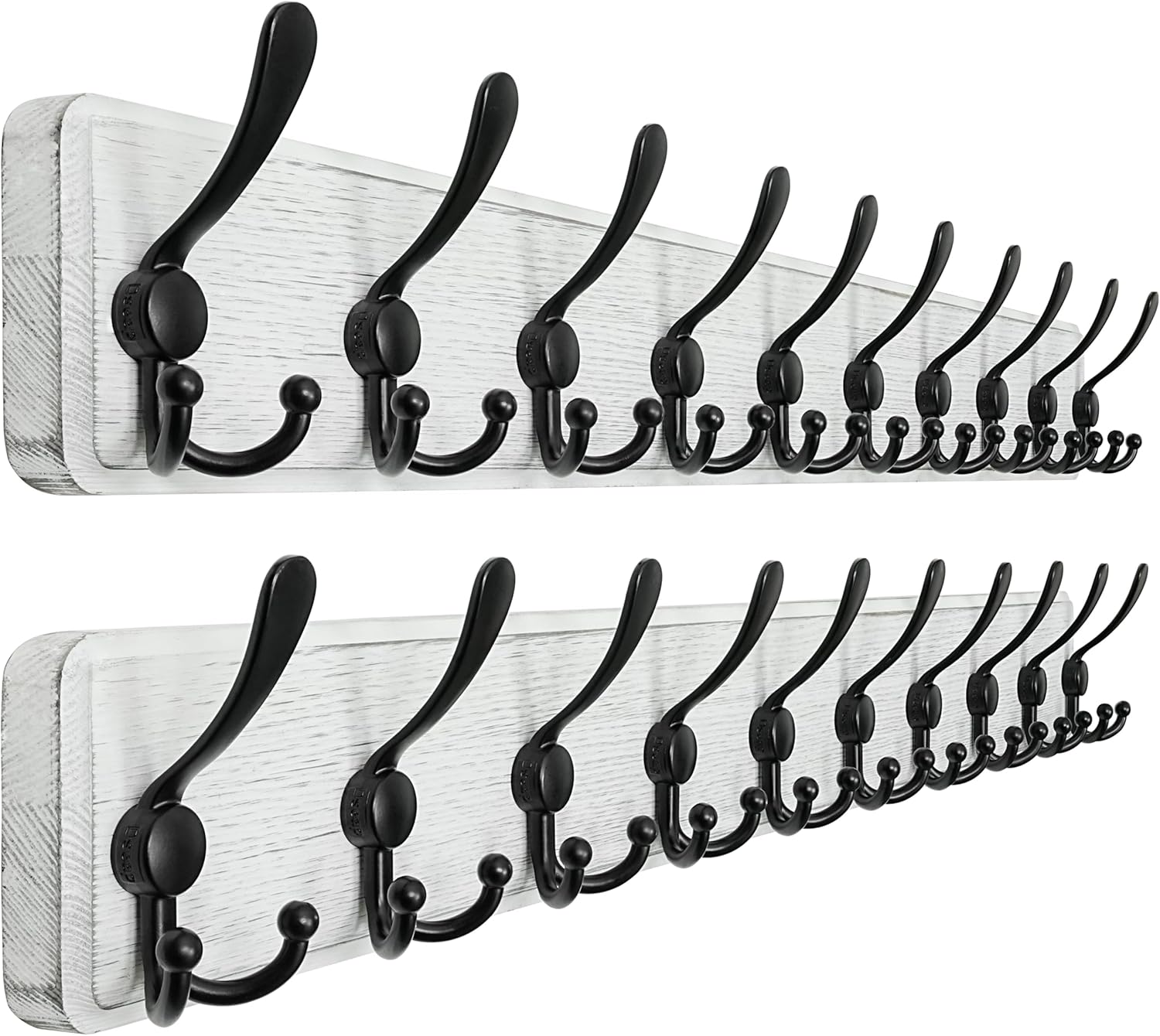 Dseap Coat Rack Wall - Heavy-Duty 38-1/4" Long, with Reinforced 10 Custom Tri-Hooks, Solid Wood Wall Hanger for Coats Hat Jackets - Rustic Farmhouse Entryway Storage, White & Black, Pack of 2