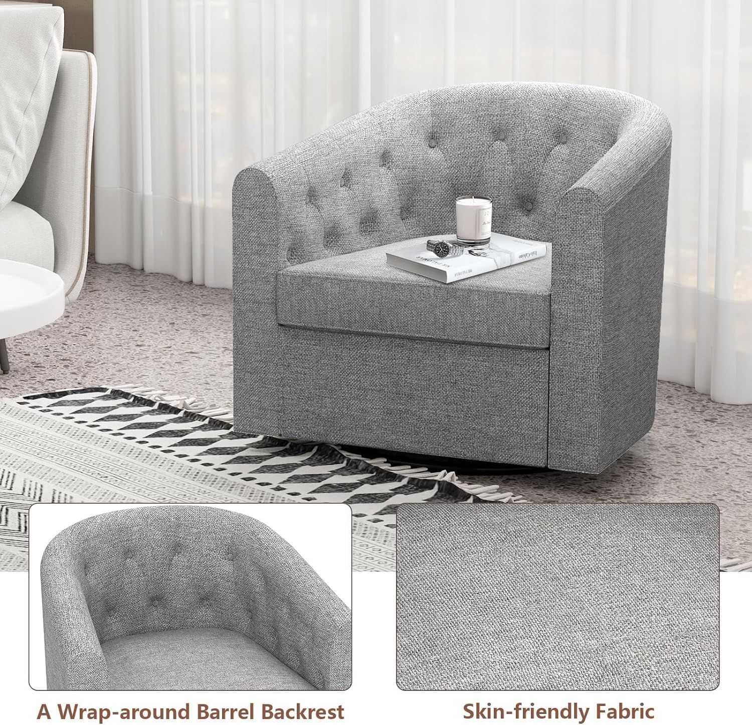 Simore Swivel Accent Chair for Living Room, Breathable Fabric Round Swivel Barrel Chair Armchair for Nursery Office Bedroom, Dark Gray