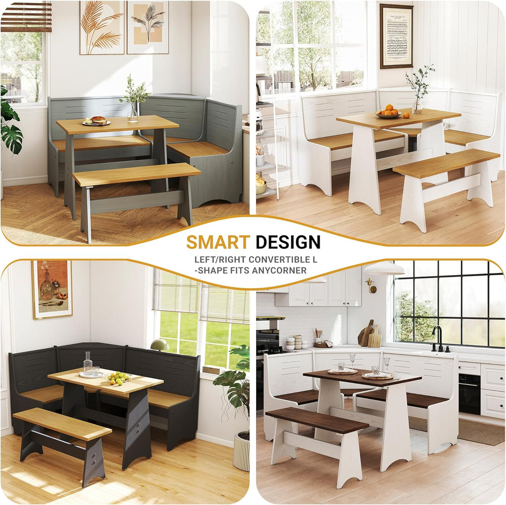 Breakfast Nook Set 3-4 Seat L-Shaped with Hidden Storage - Space Saving Corne...