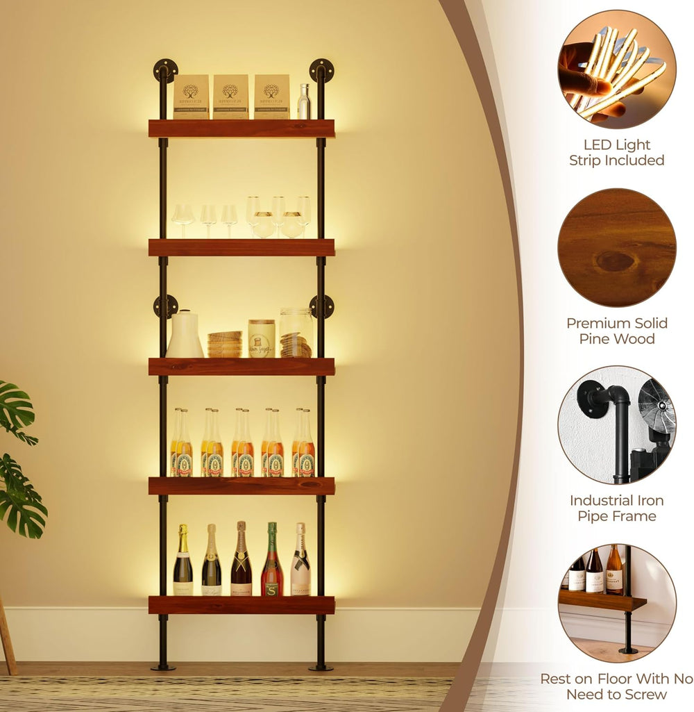 Industrial Bar Shelves, Wine Rack Wall Mounted, Walnut, 24 Inch | solid pinew...