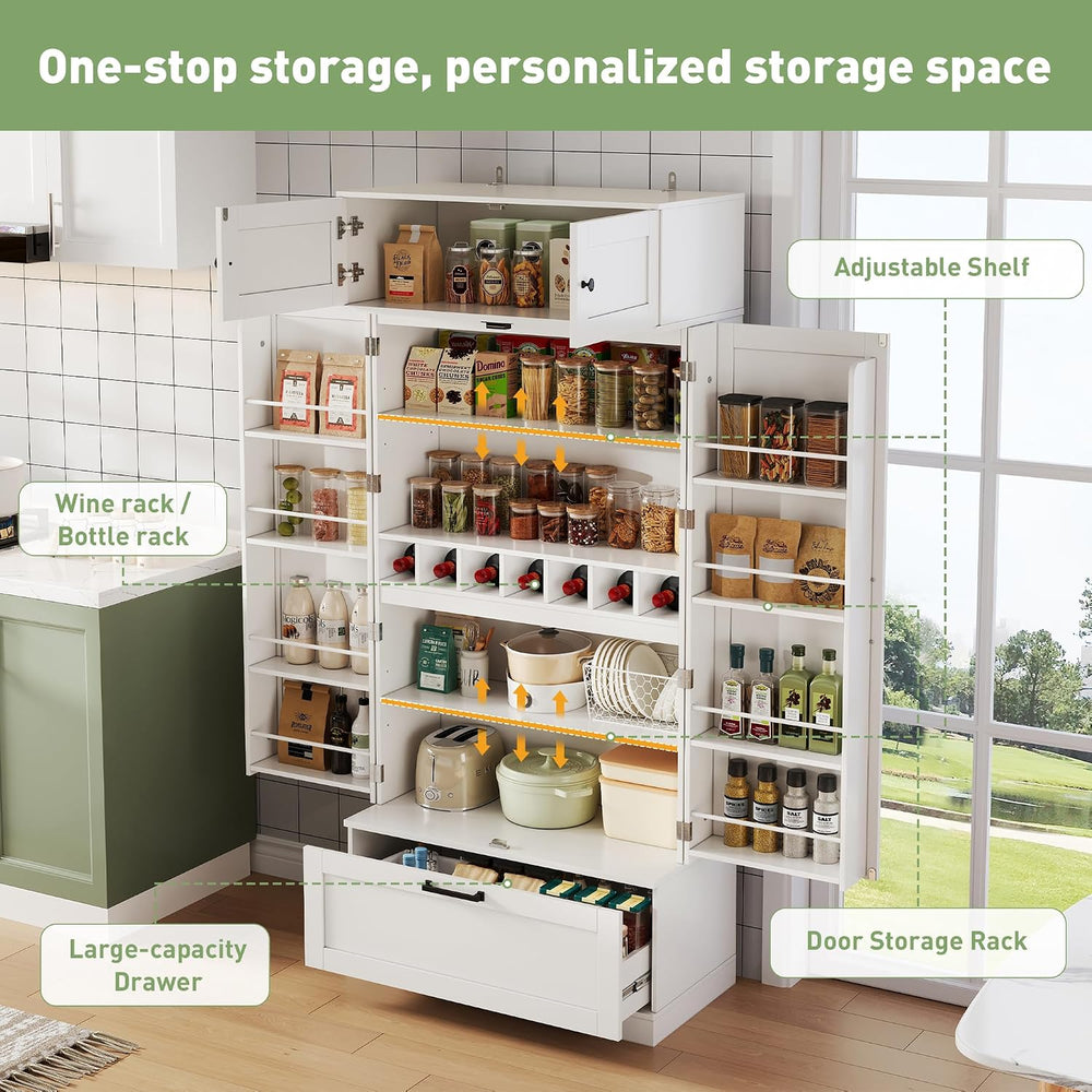 Tall Kitchen Pantry Cabinet, 72" Freestanding Storage Cupboard with Wine...