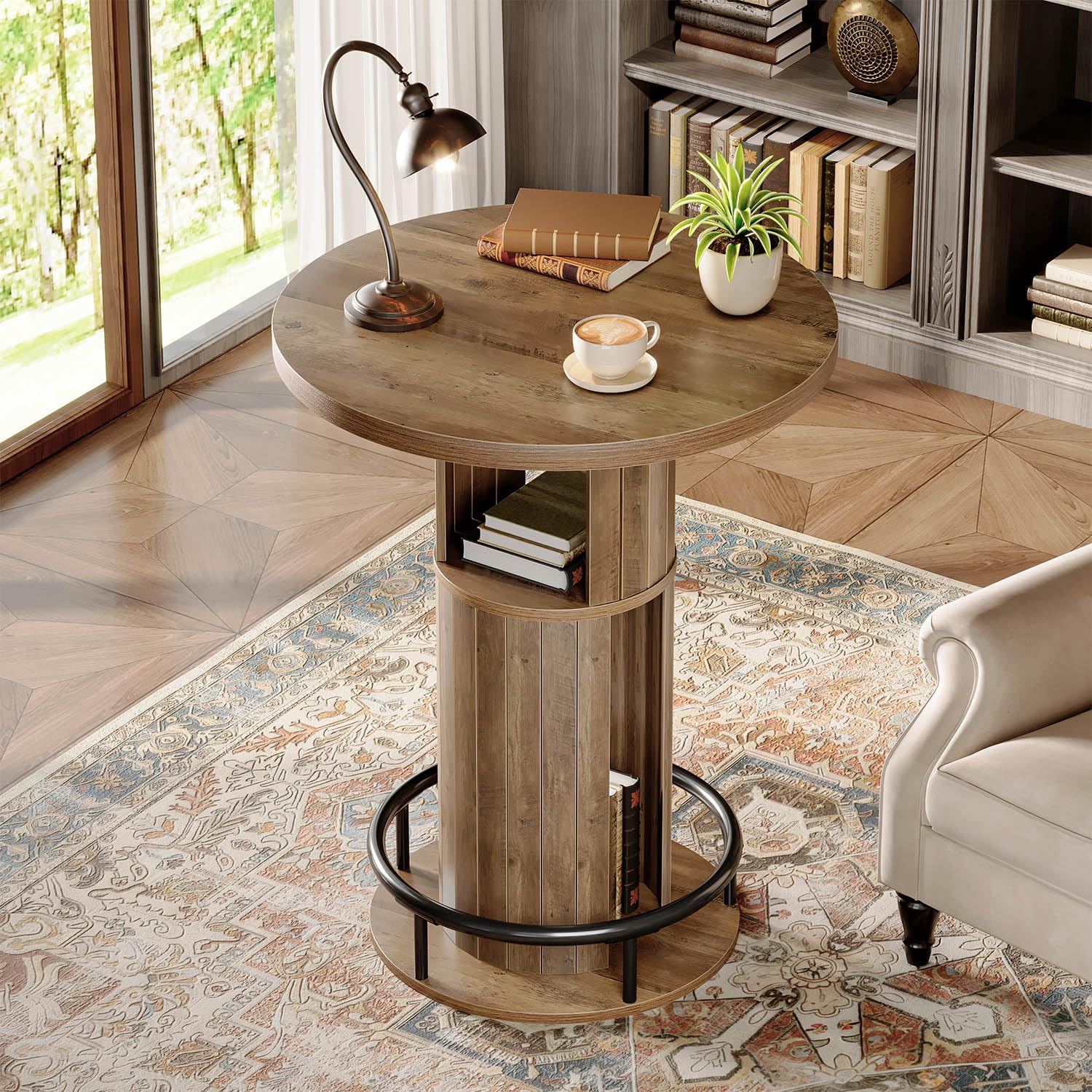HSH 39.37" H Round Bar Table with Storage and Metal Ring Footrest, Rustic | Modern Bar Height Pub Table With 2 Tier Storage, Space-Saving Design, For Kitchen, Coffee Bars And Small Spaces, Table Only