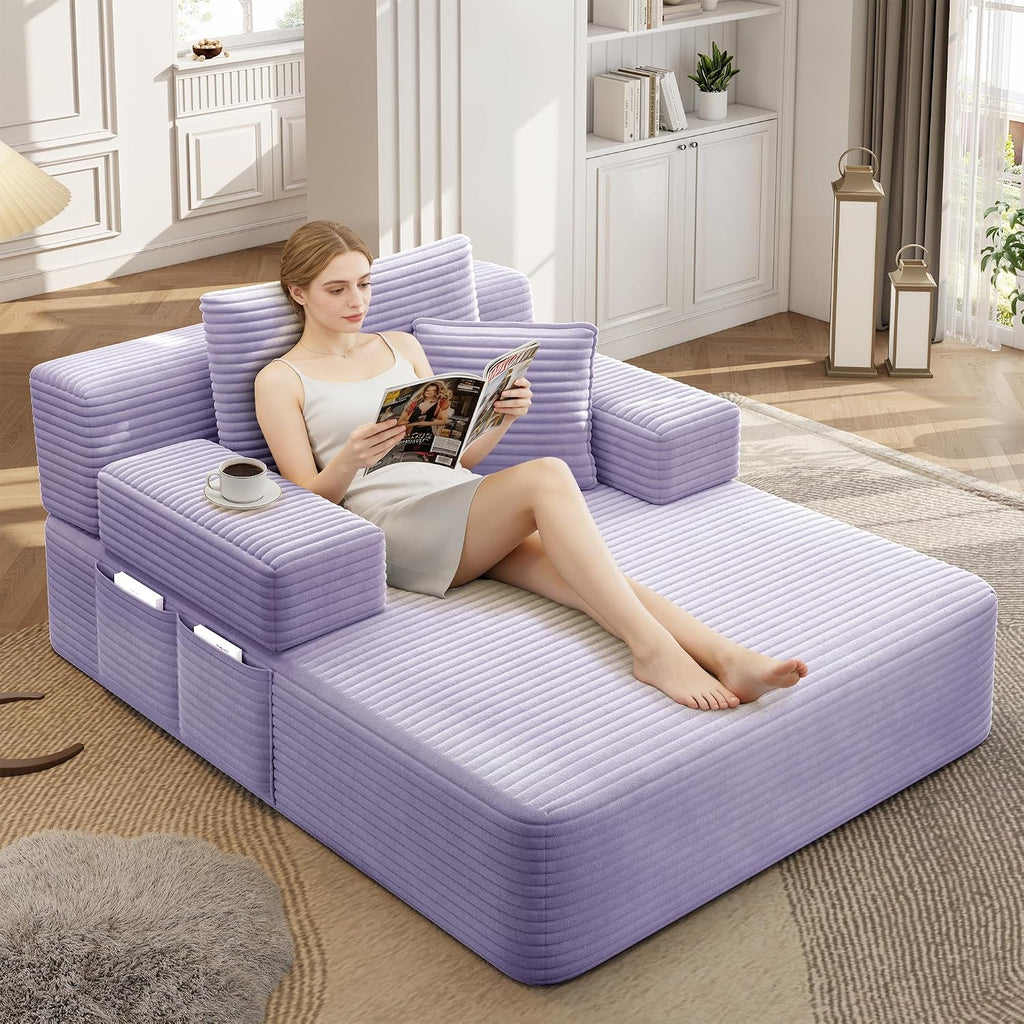 48.5" Boneless Chaise Lounge Chair Sofa Bed Indoor with Zip-Down Convertible Armrests & Backrest, Oversized Cloud Upholstered Compression Sleeper Couch Reading Chairs w/Side Pockets