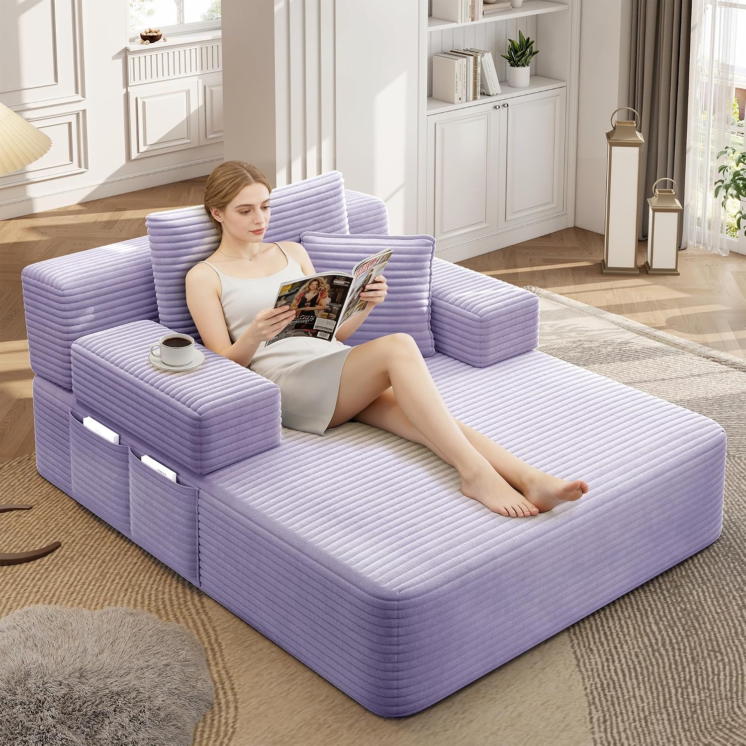 48.5" Boneless Chaise Lounge Chair Sofa Bed Indoor with Zip-Down Convertible Armrests & Backrest, Oversized Cloud Upholstered Compression Sleeper Couch Reading Chairs w/Side Pockets